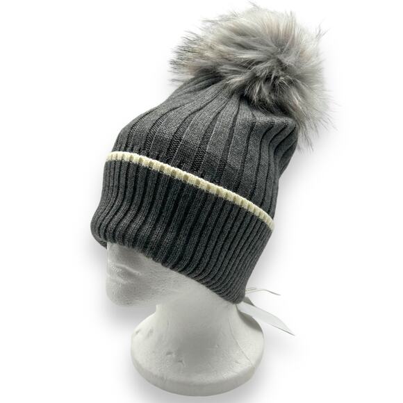 NEW Kyi Kyi Ribo fur beanie hat in gray fur pom pom winter bobble Bloomingdales - Picture 2 of 7